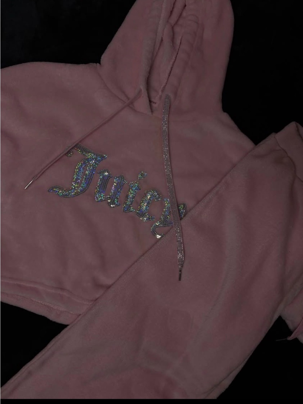 Juicy Couture Blush Pink Rhinestone Logo Hooded Crop top & Sweatpants